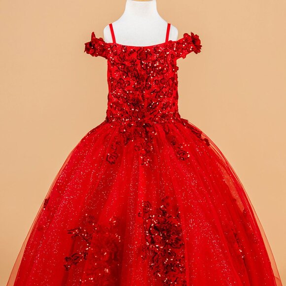 New Long Ball Dress For Kids w/ Sequins Embroidery & Floral Applique GL GK121